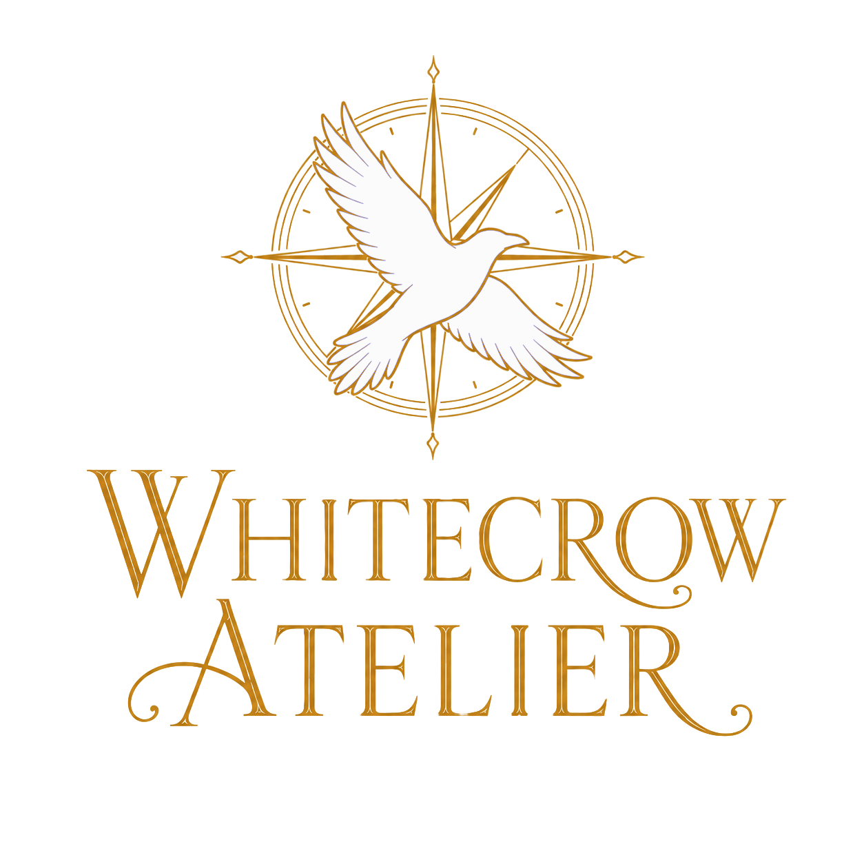 Whitecrow Atelier logo with flying white crow and compass emblem