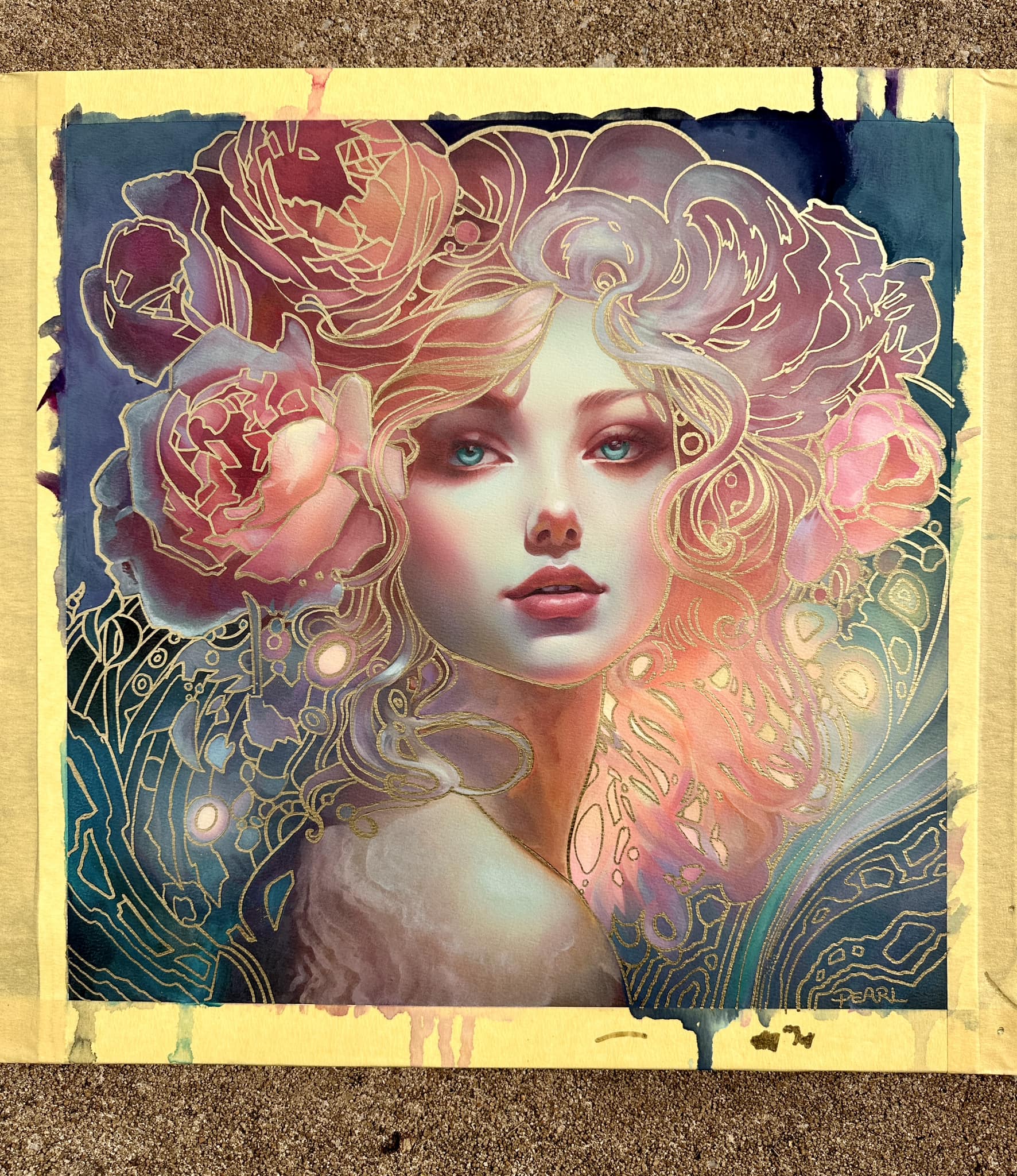 Opera originale in tecnica mista tradizionale intitolata «Rose Oracle», di Pearl Whitecrow.