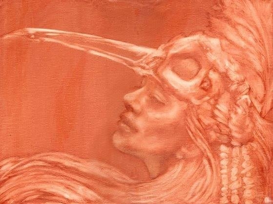 Opera originale in tecnica mista tradizionale intitolata «Memory of Bone and Feather», di Pearl Whitecrow.