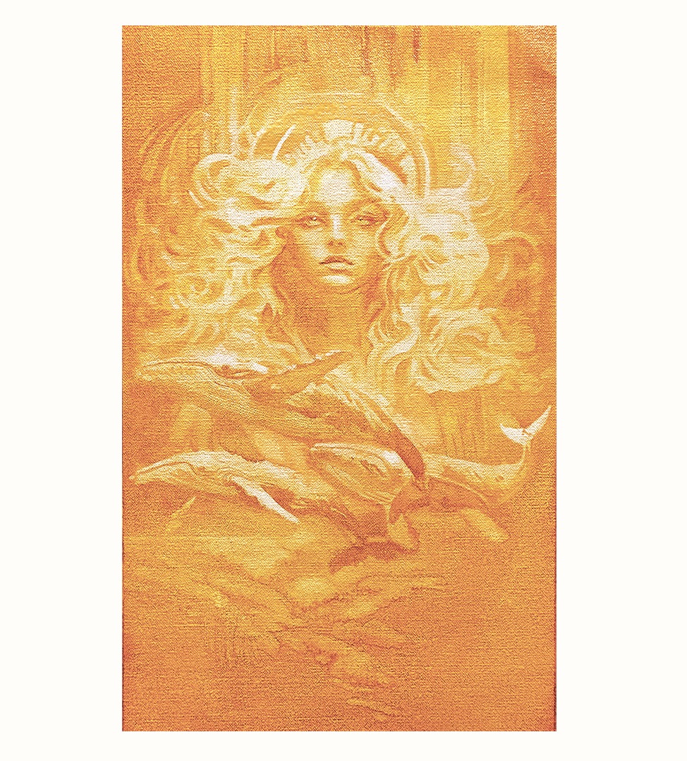 Opera originale in tecnica mista tradizionale intitolata «Heralds of Dawn», di Pearl Whitecrow.