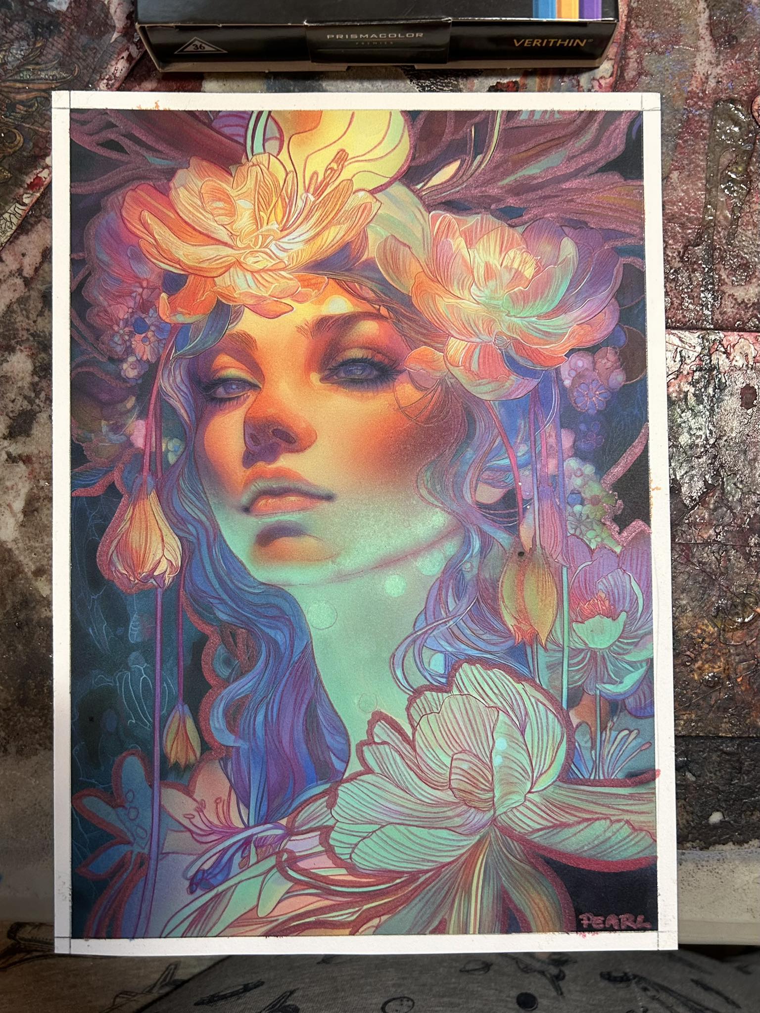 Opera originale in tecnica mista tradizionale intitolata «Lotus Afterglow», di Pearl Whitecrow.