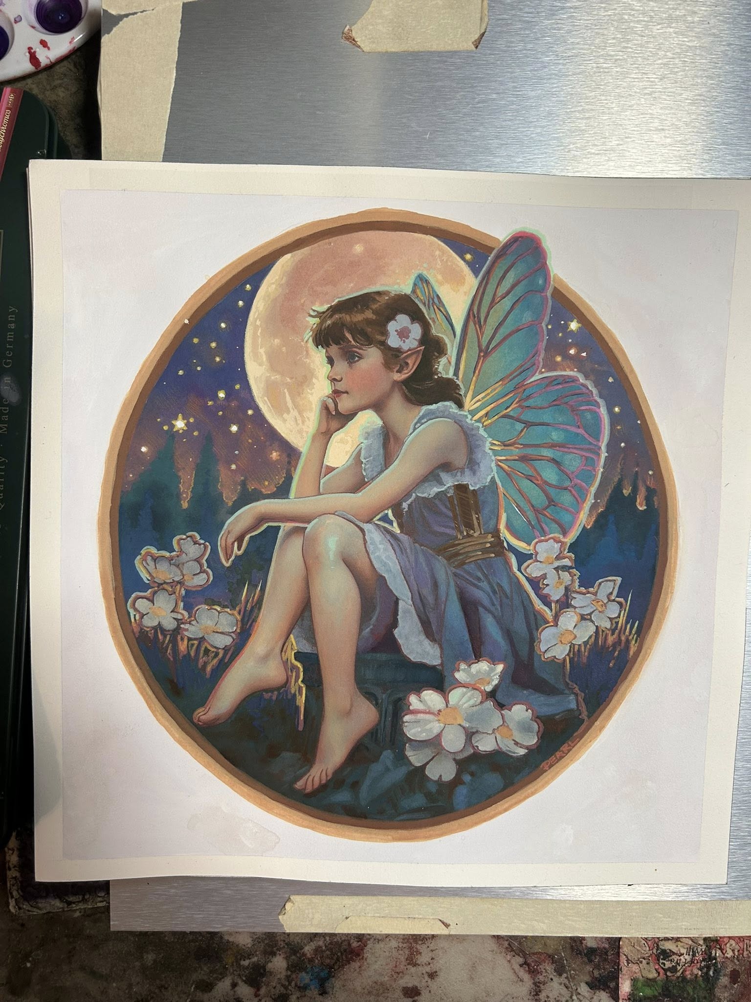 Opera originale in tecnica mista tradizionale intitolata «Moonlit Waiting», di Pearl Whitecrow.