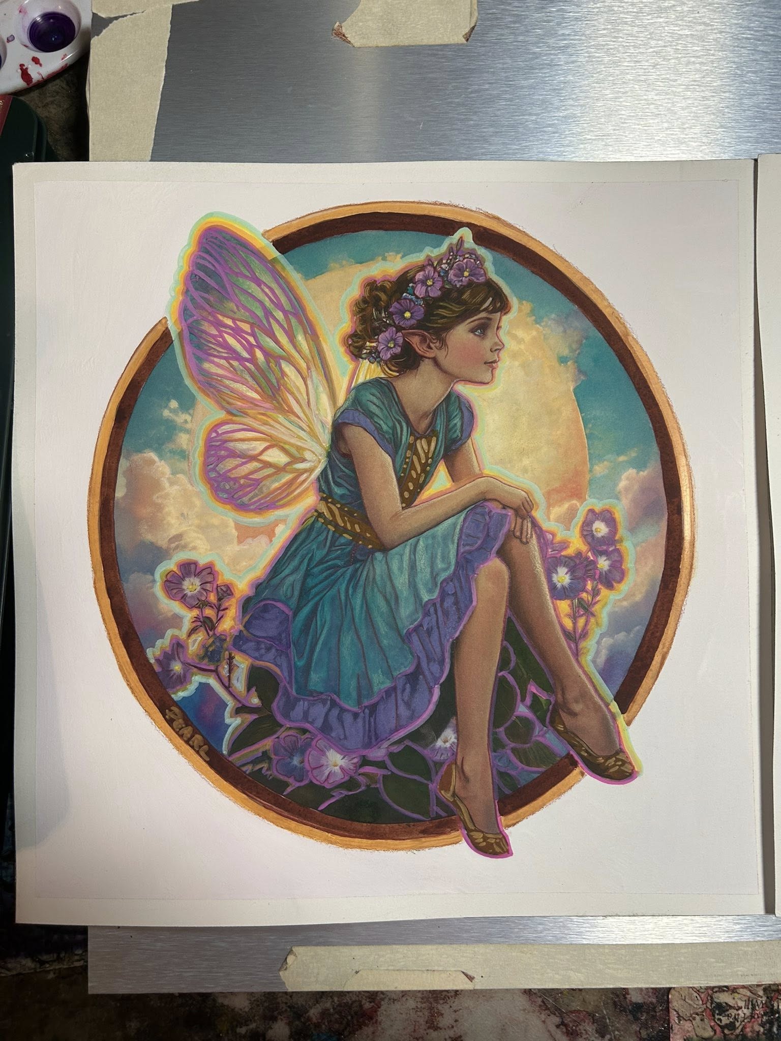Opera originale in tecnica mista tradizionale intitolata «Cloud Garden», di Pearl Whitecrow.