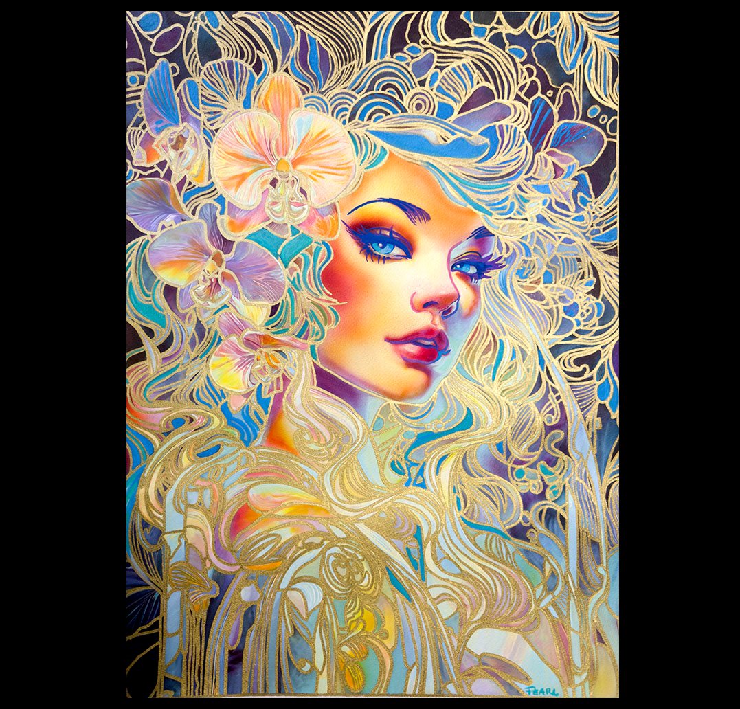 Opera originale in tecnica mista tradizionale intitolata «Orchid Light», di Pearl Whitecrow.