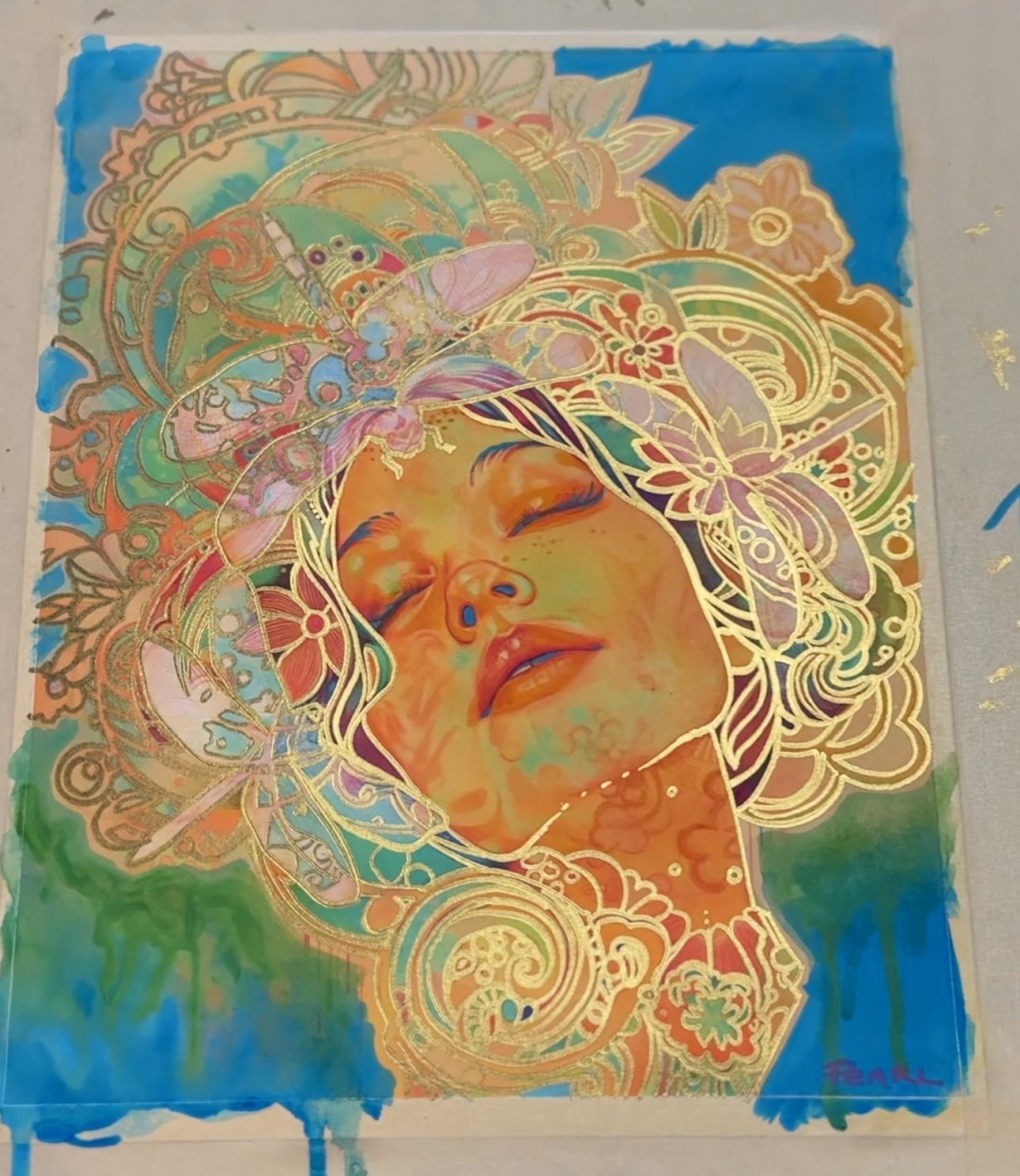 Opera originale in tecnica mista tradizionale intitolata «Dragonfly Dream», di Pearl Whitecrow.