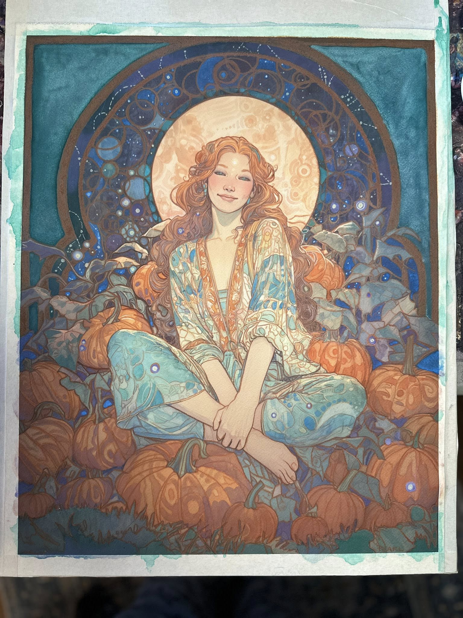 Opera originale in tecnica mista tradizionale intitolata «Harvest Moon», di Pearl Whitecrow.