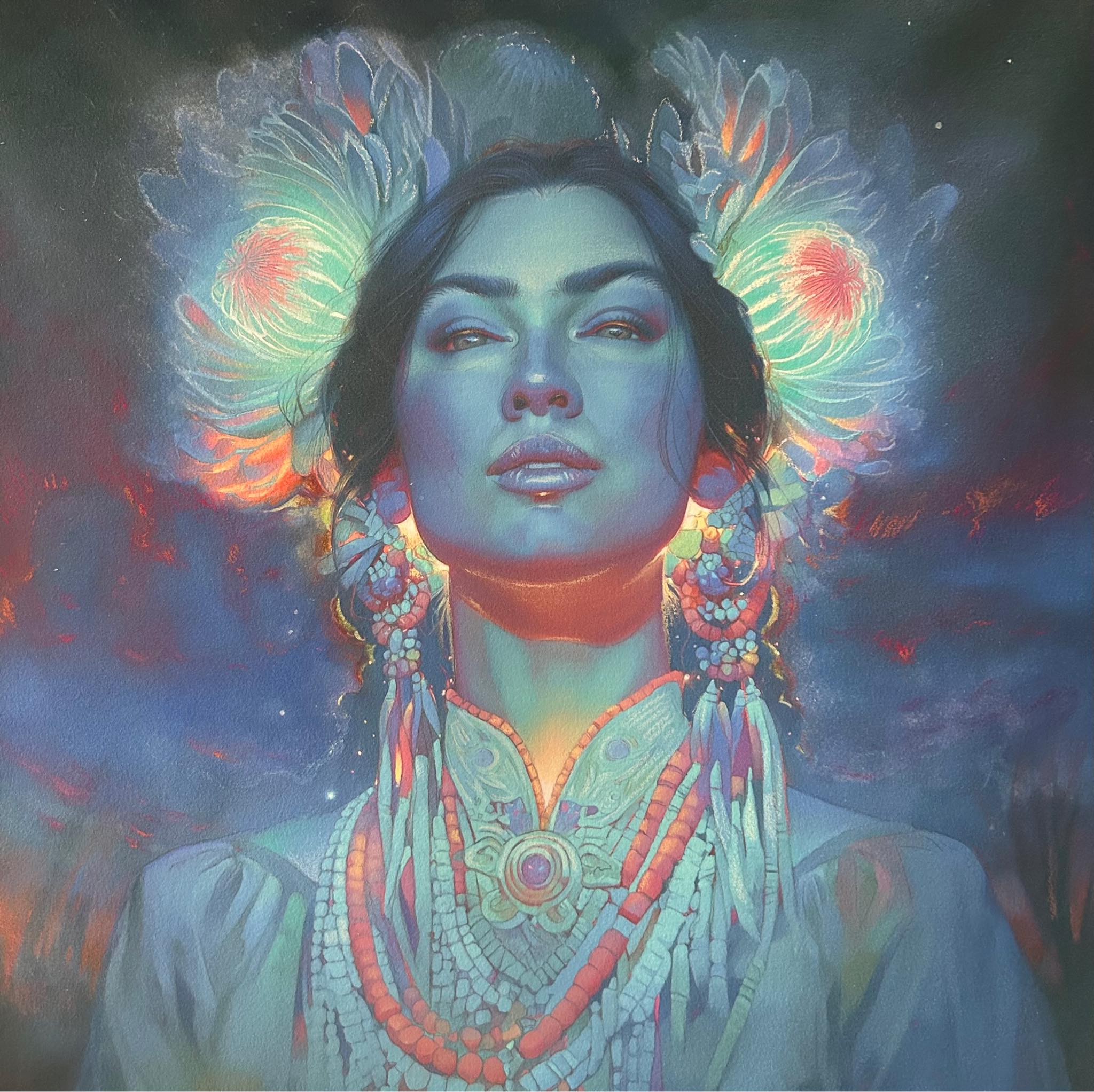 Opera originale in tecnica mista tradizionale intitolata «Between Fire and Sky», di Pearl Whitecrow.