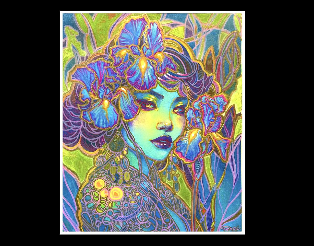 Opera originale in tecnica mista tradizionale intitolata «Iris Electric», di Pearl Whitecrow.