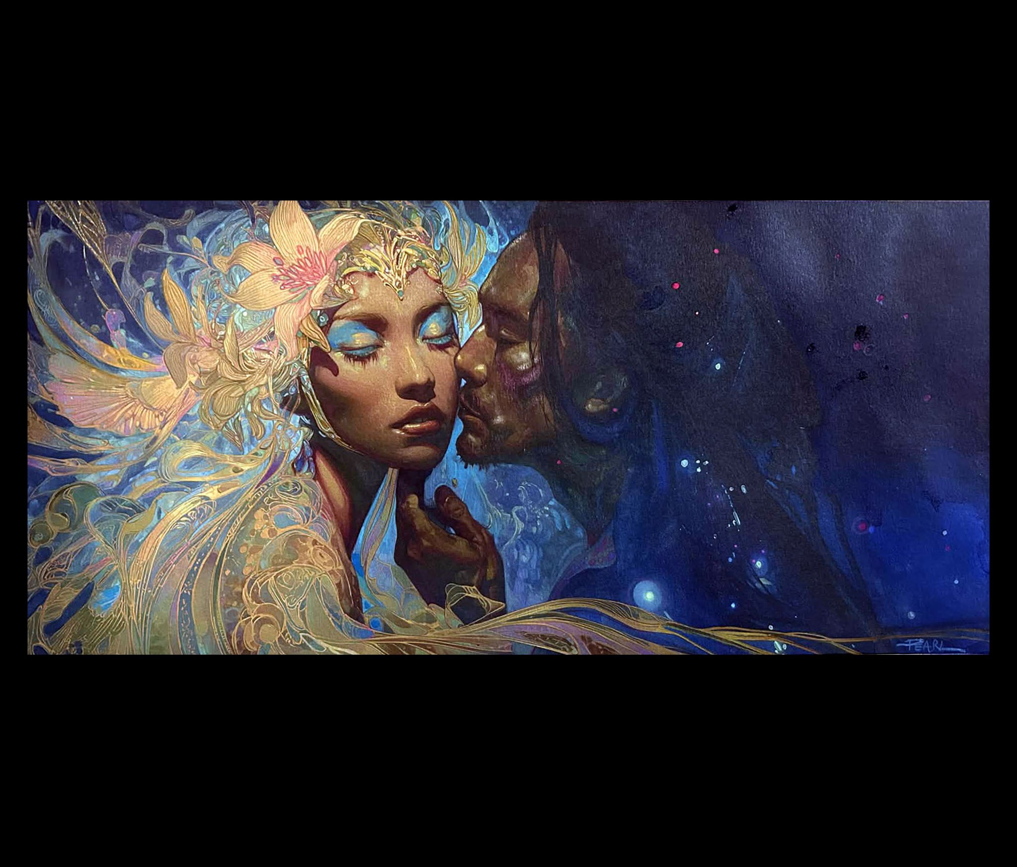Opera originale in tecnica mista tradizionale intitolata «Where Night Meets Dawn», di Pearl Whitecrow.