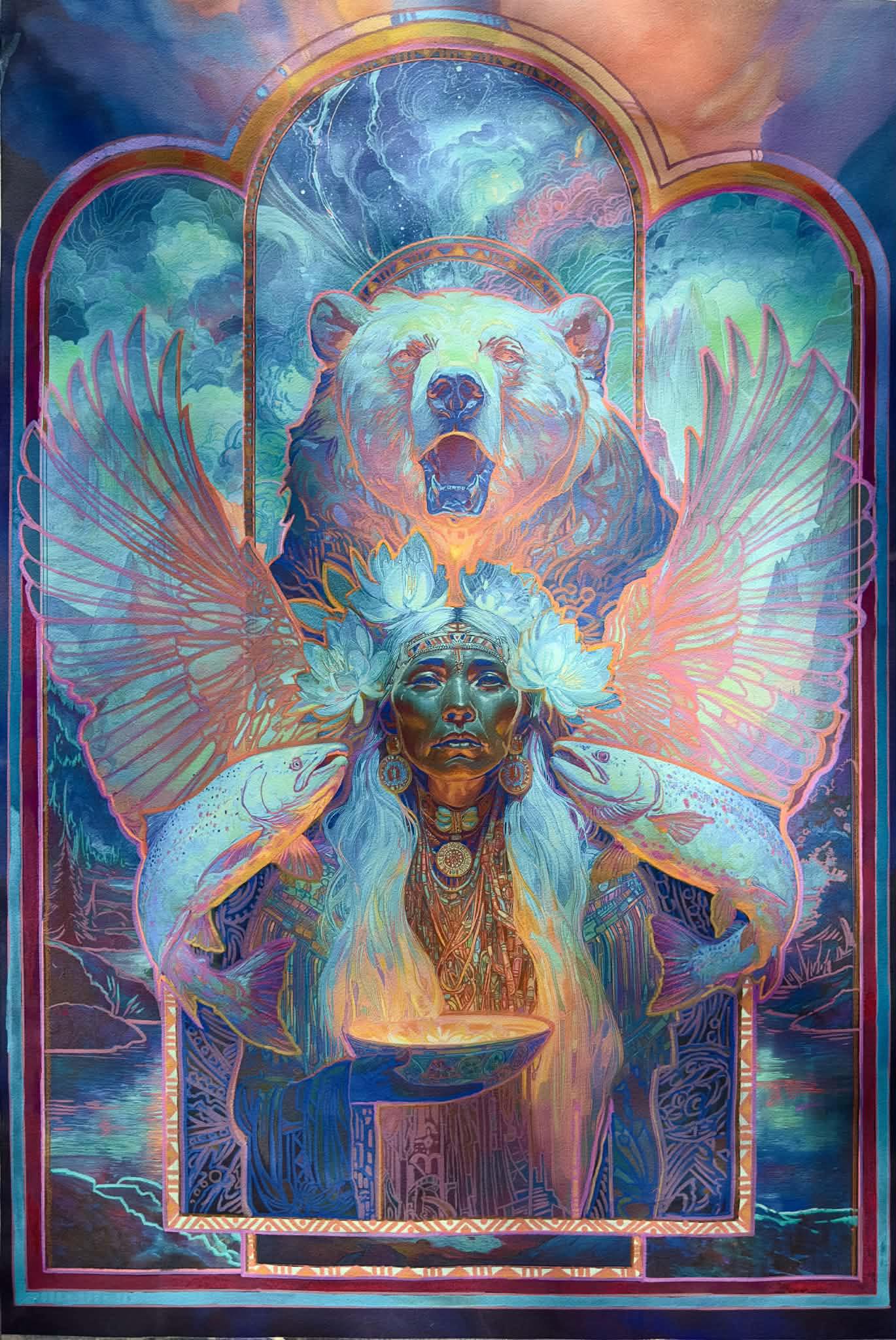 Opera originale in tecnica mista tradizionale intitolata «Guardian of the Living Waters», di Pearl Whitecrow.