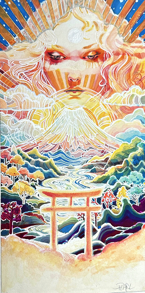 Opera originale in tecnica mista tradizionale intitolata «Amaterasu», di Pearl Whitecrow.