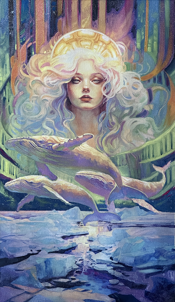 Opera originale in tecnica mista tradizionale intitolata «Aurora Cetacea», di Pearl Whitecrow.