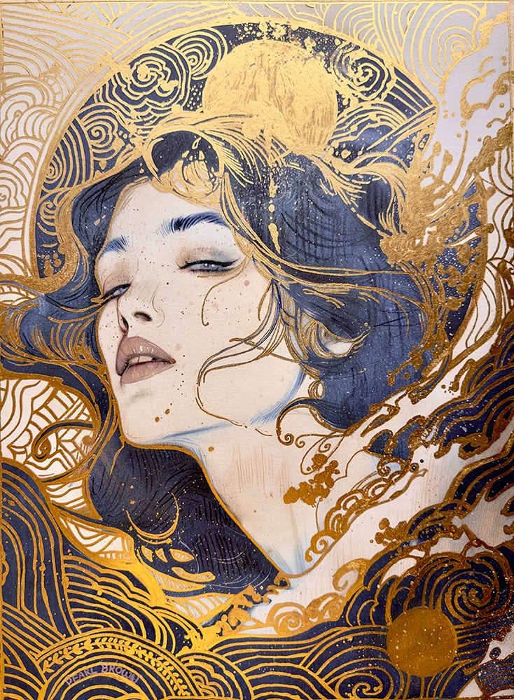 Opera originale in tecnica mista tradizionale intitolata «Eastern Flow», di Pearl Whitecrow.