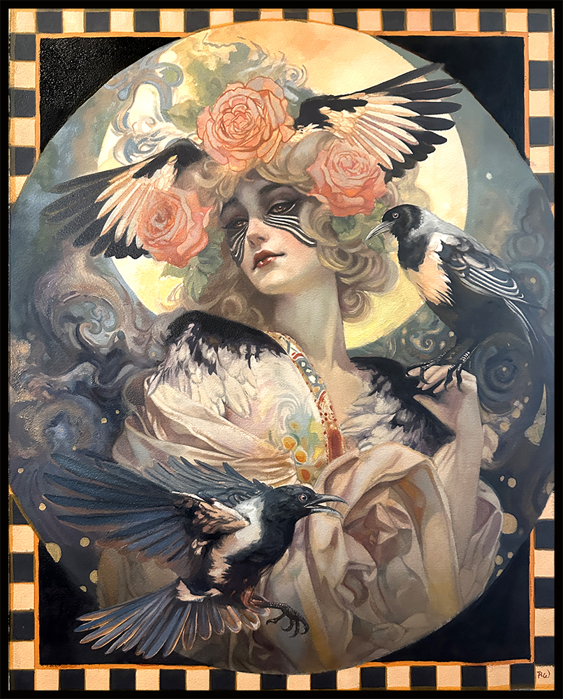 Opera originale in tecnica mista tradizionale intitolata «Magpie», di Pearl Whitecrow.