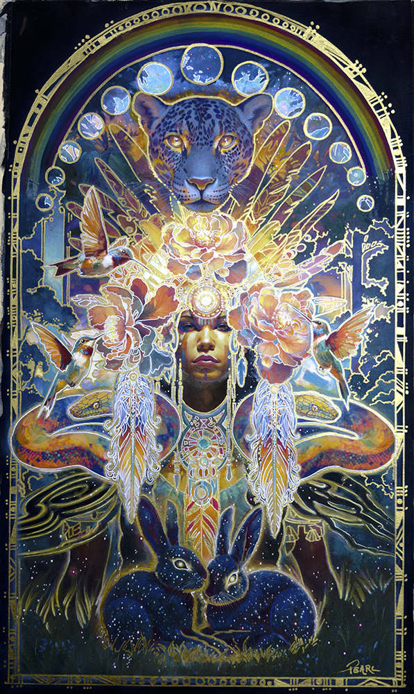 Opera originale in tecnica mista tradizionale intitolata «Mayan Love Goddess», di Pearl Whitecrow.