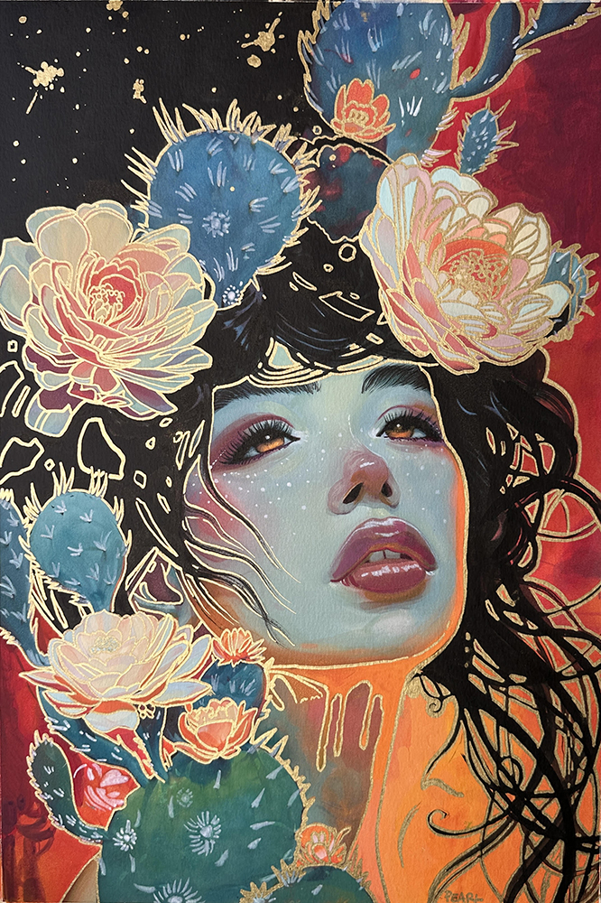 Opera originale in tecnica mista tradizionale intitolata «Quench», di Pearl Whitecrow.