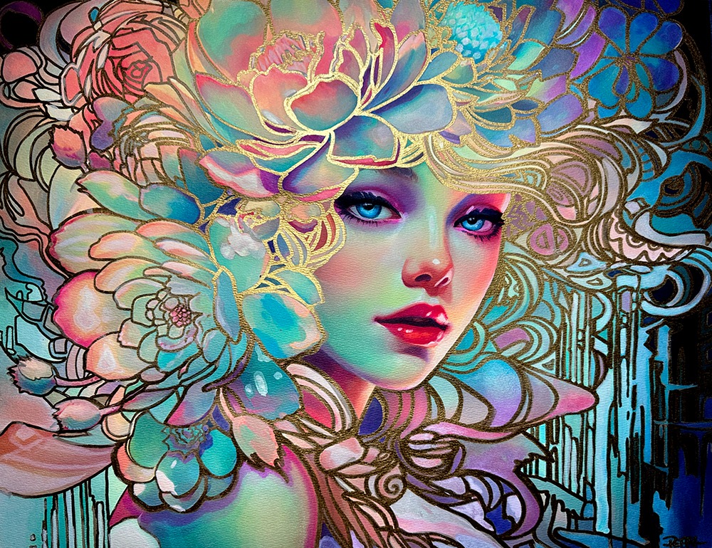 Opera originale in tecnica mista tradizionale intitolata «Succulent», di Pearl Whitecrow.