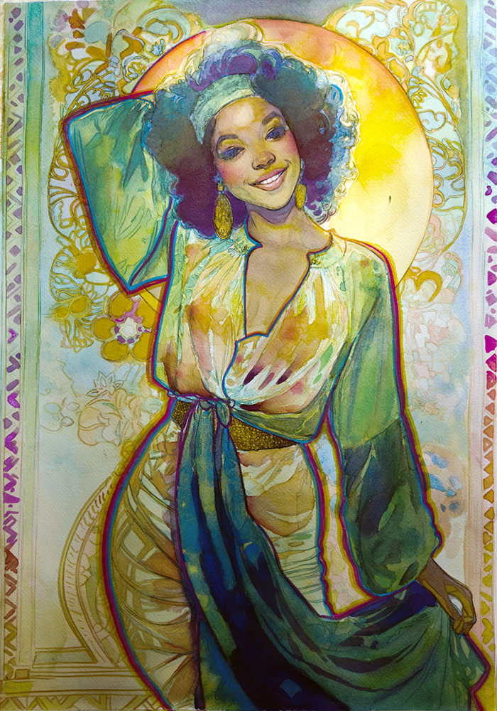 Opera originale in tecnica mista tradizionale intitolata «Sunshine Baby», di Pearl Whitecrow.