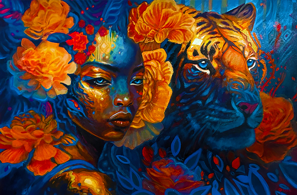 Opera originale in tecnica mista tradizionale intitolata «Tiger: Symphony of Night», di Pearl Whitecrow.