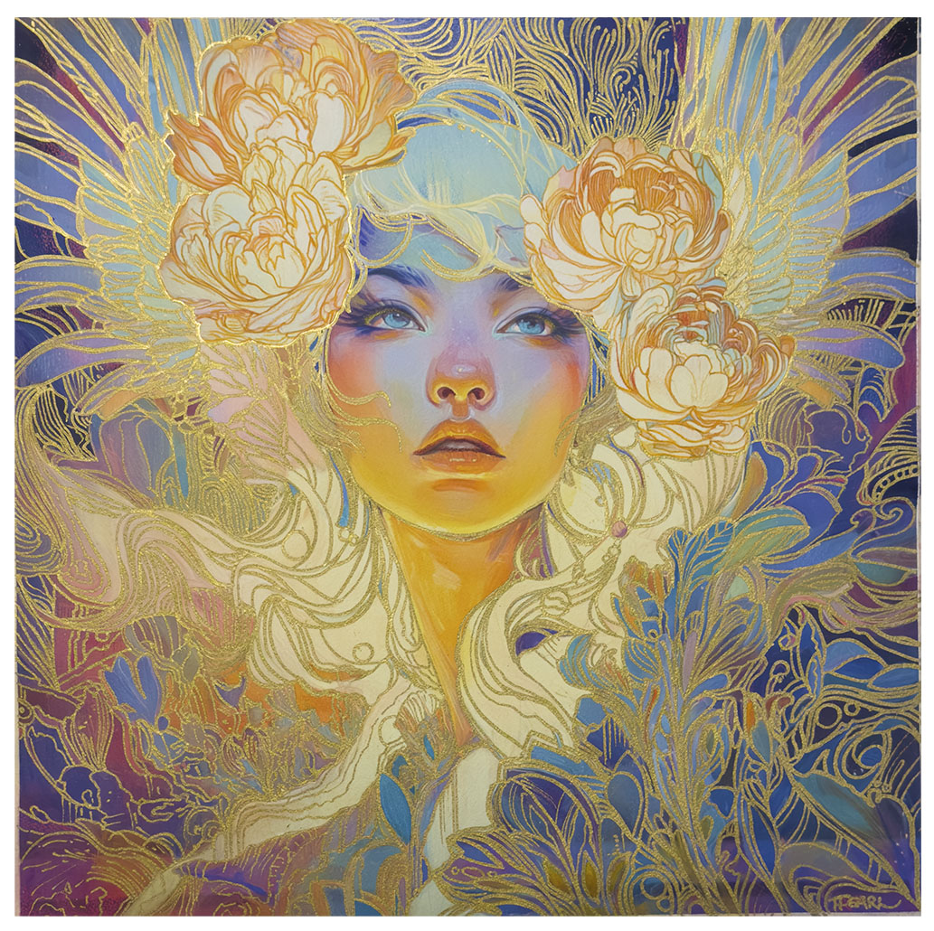 Opera originale in tecnica mista tradizionale intitolata «Valhalla Sunrise», di Pearl Whitecrow.